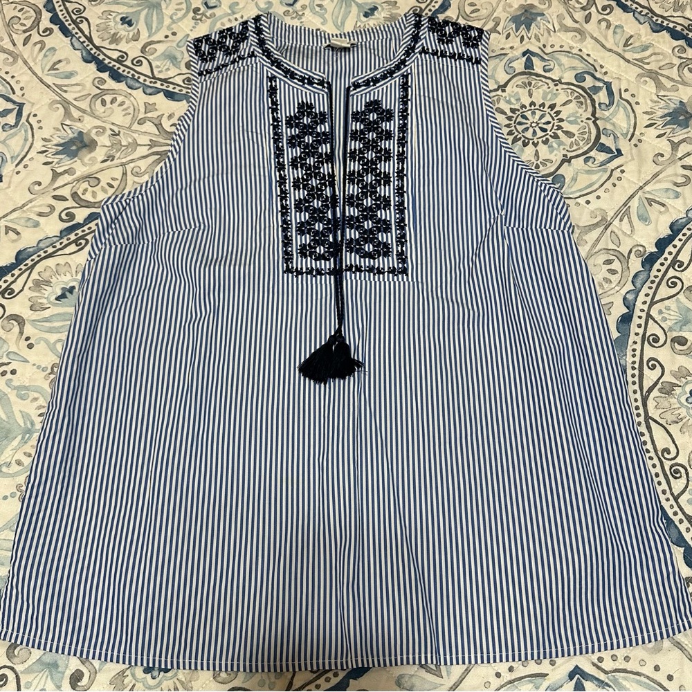 NWOT J. Crew Blue and White Striped Blouse with Embroidery
